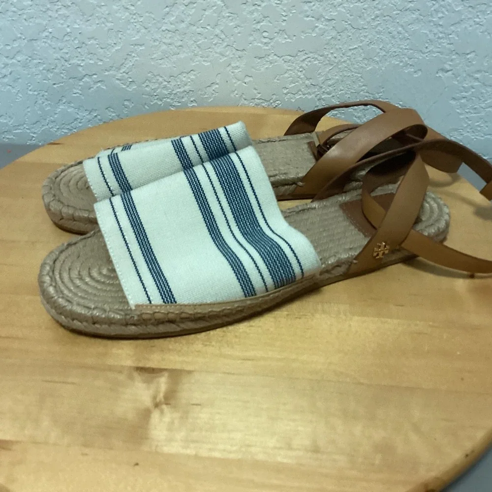 Tory Burch Striped Canvas‎ Espadrille Sandals Blue Cream Leather Ankle Strap 8